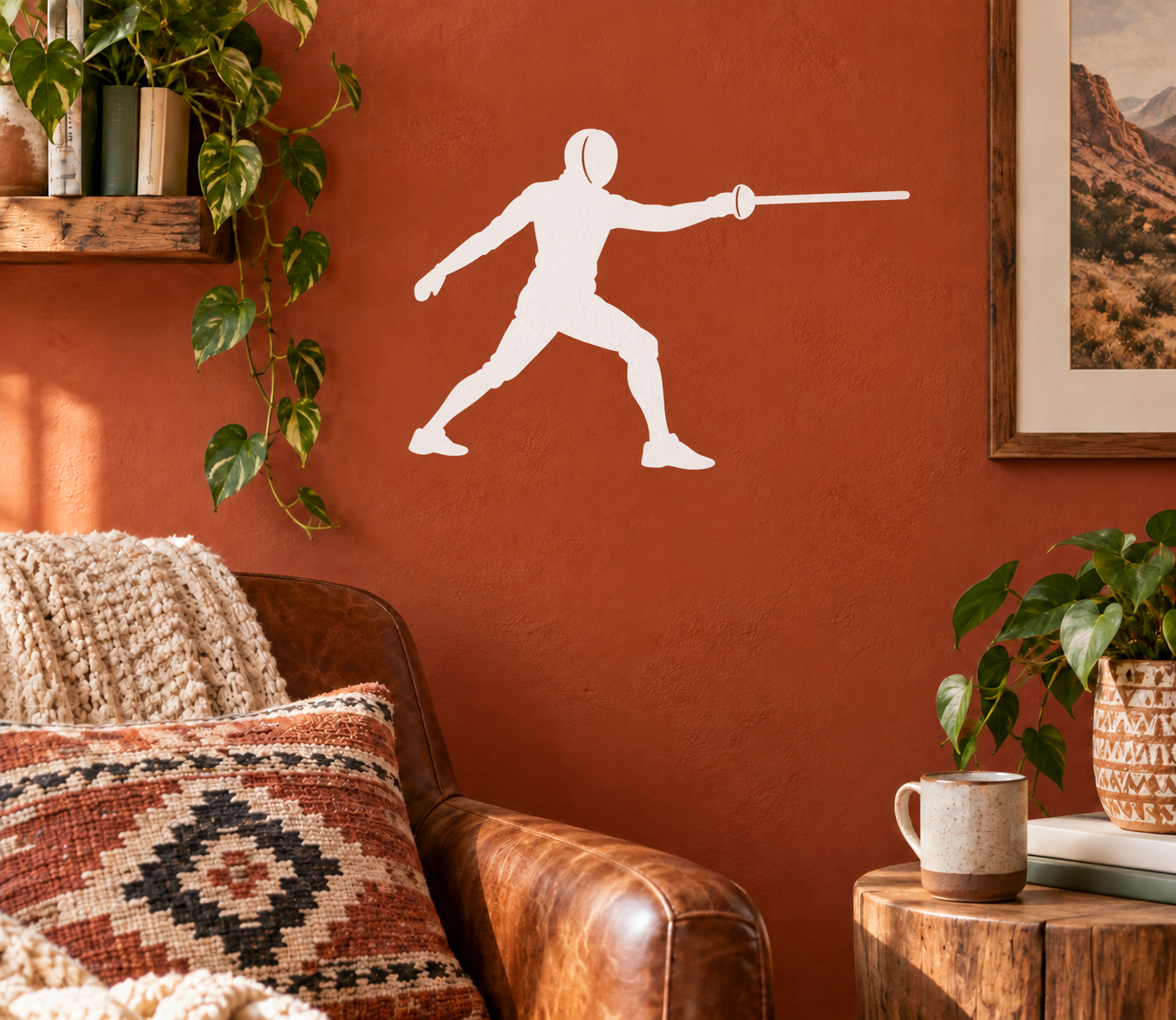 White vinyl fencing fencer step decal, holding foil in forward lunge stance