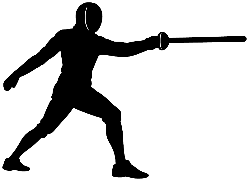 Black vinyl fencing fencer step decal silhouette, foil extended in forward lunge