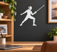 White fencing fencer silhouette vinyl decal holding a foil
