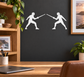 Vinyl fencing practice partner decal with two white fencing silhouettes holding foils