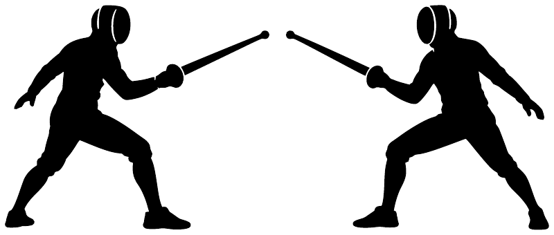 Vinyl fencing practice partner decal with two black fencing silhouettes holding foils