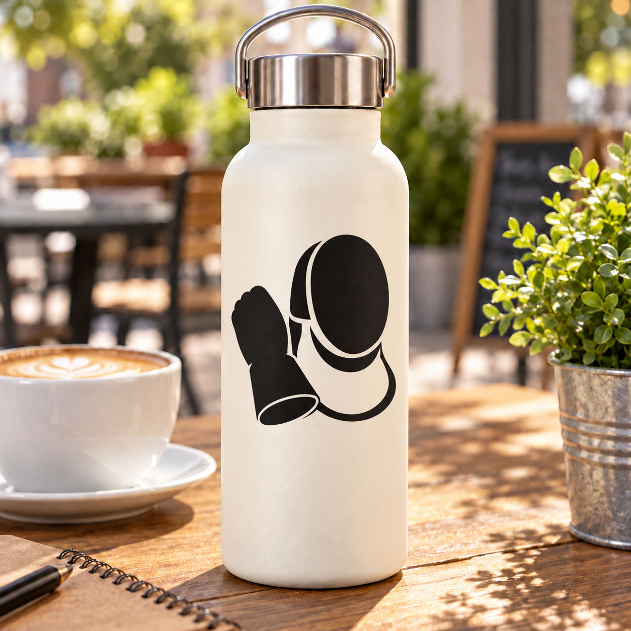 White bottle with black vinyl fencing glove and mask decal