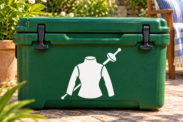 White fencing jacket emblem vinyl decal with sword icon on dark green case