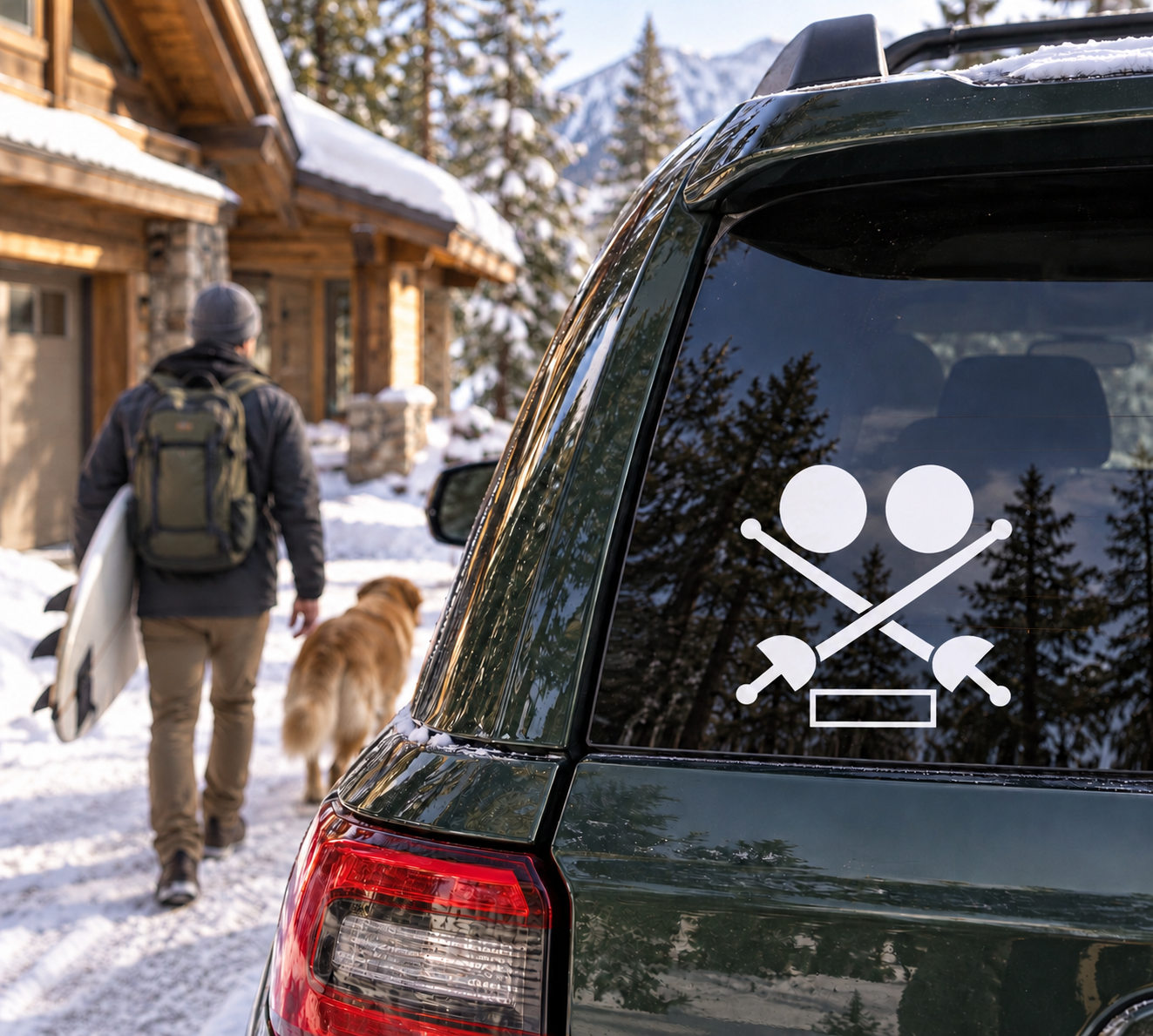 Fencing twin lights vinyl decal on car rear window, crossed poles with light icons
