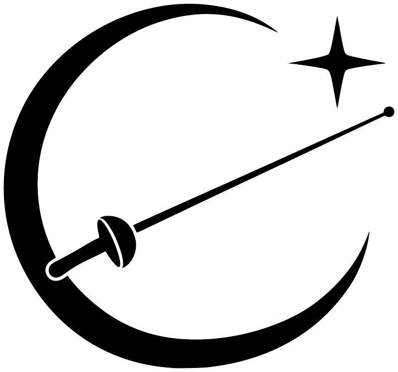 Crescent-line vinyl decal graphic with black crescent outline, diagonal line, dot, and star
