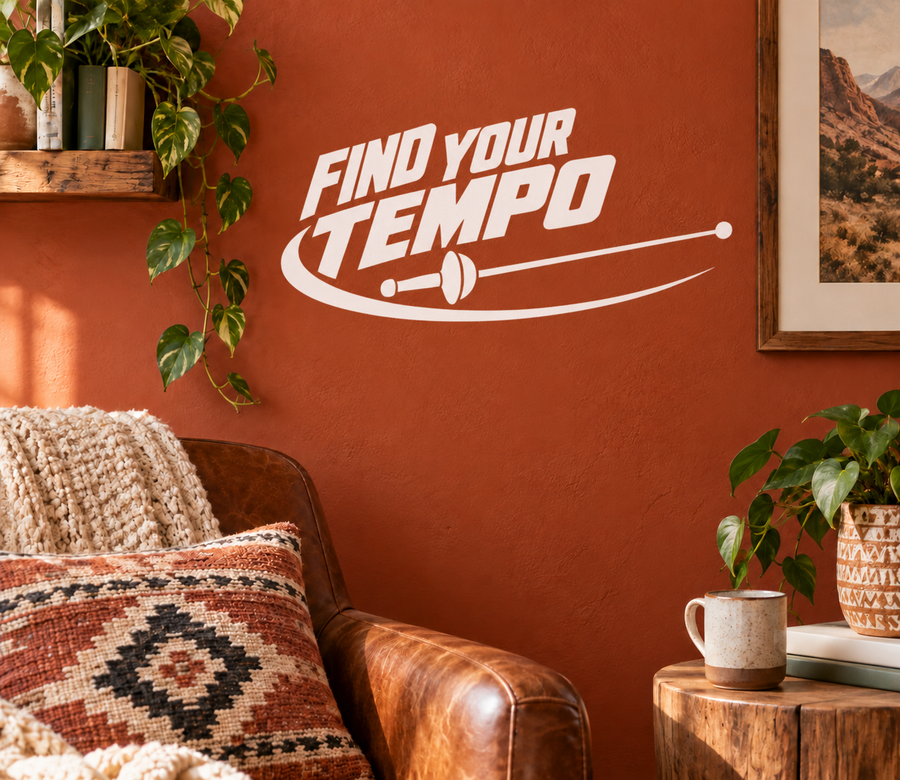 Vinyl wall decal with “FIND YOUR TEMPO” text, black swoosh and dot accents