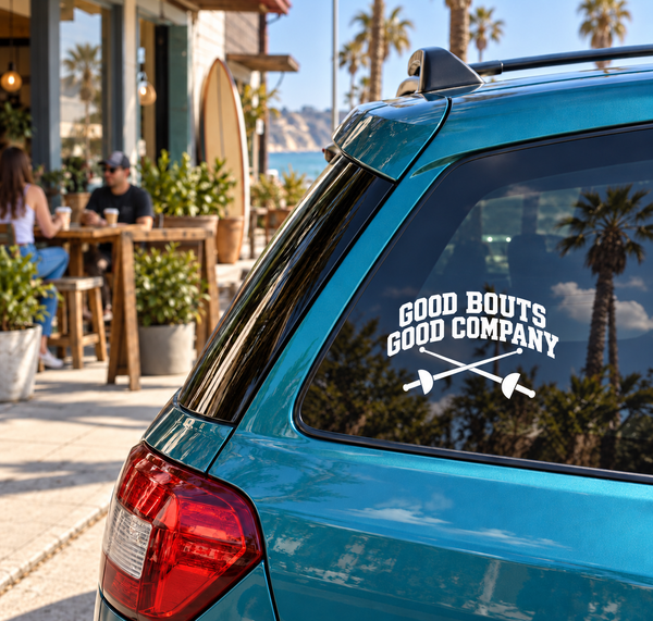 Vehicle window vinyl decal: 'GOOD BOUTS GOOD COMPANY' with crossed symbols