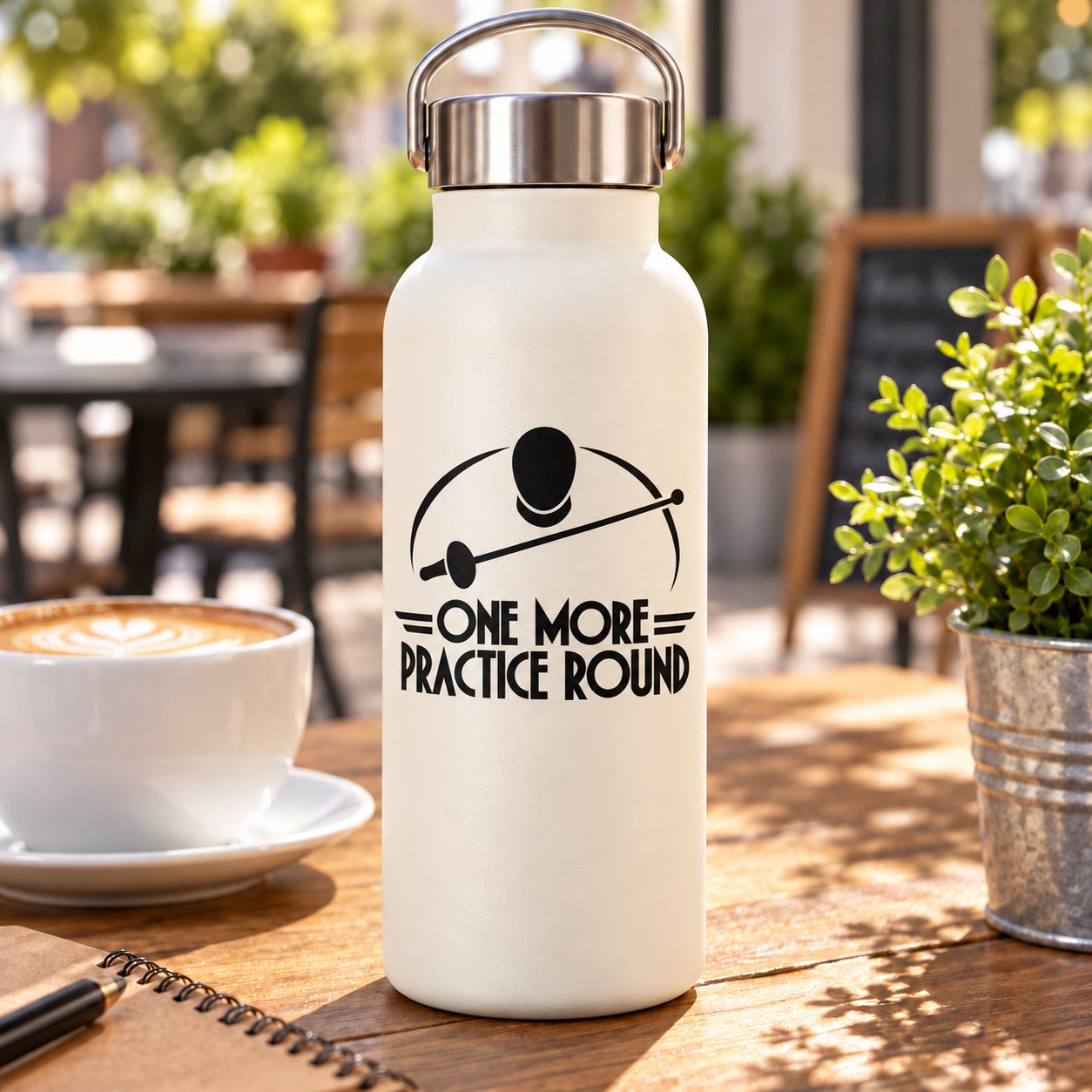 White water bottle with 'One More Practice Round' fencing vinyl decal