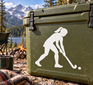White field hockey player vinyl decal on olive green hard case