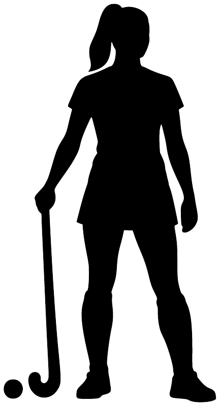 Field hockey player vinyl decal silhouette with stick and ball graphic, black on white