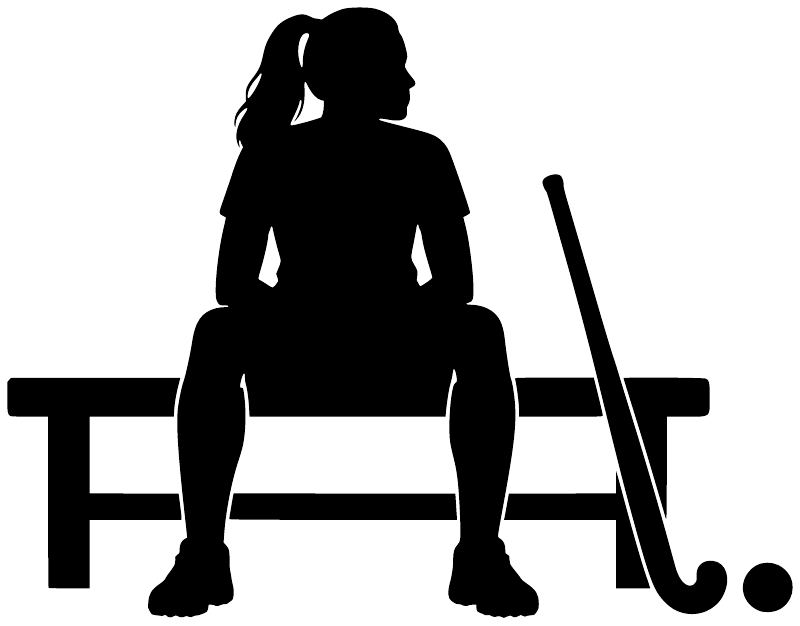 Field hockey sideline rest vinyl decal, black player silhouette with bench and stick