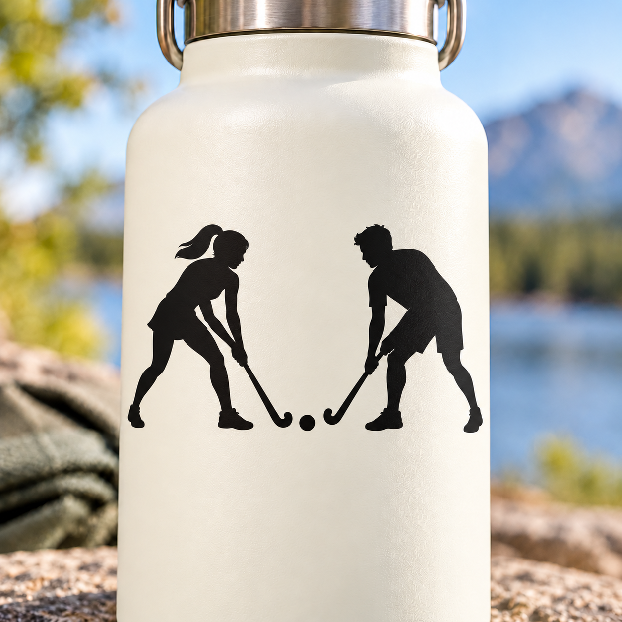 Field hockey practice partners vinyl decal: two black player silhouettes with sticks