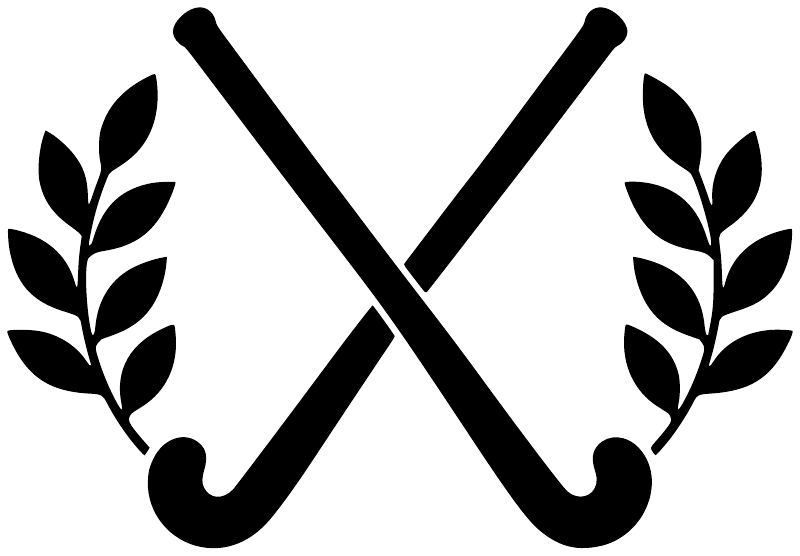 Crossed field hockey sticks vinyl decal with laurel leaves, black design on white