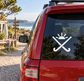 Field hockey vinyl decal with white sun and crossed sticks on car window