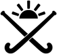 Field hockey vinyl decal: black sun and crossed sticks on white background