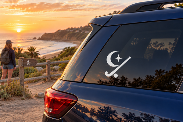 Field hockey vinyl decal: crescent moon, star, diagonal stick and puck