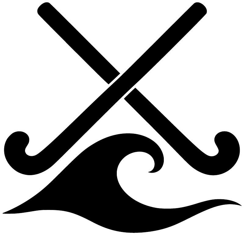 Black and white field hockey wave logo with crossed sticks and curved blade
