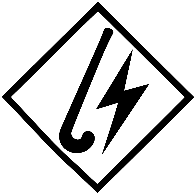 Field hockey lightning vinyl decal in black-outlined white diamond with lightning bolt