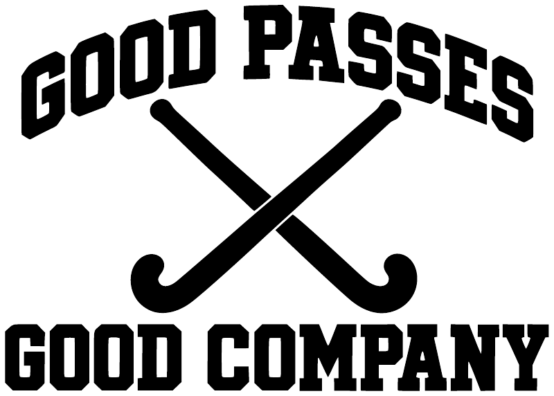 Vinyl decal: bold 'GOOD PASSES' and 'GOOD COMPANY' with crossed hockey sticks.