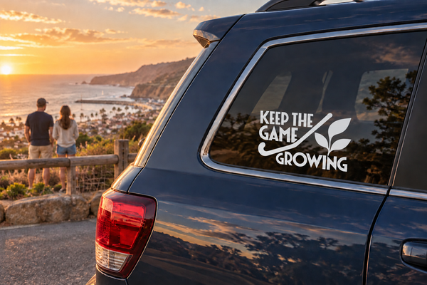 Vinyl decal for car window: KEEP THE GAME GROWING with leaf icon
