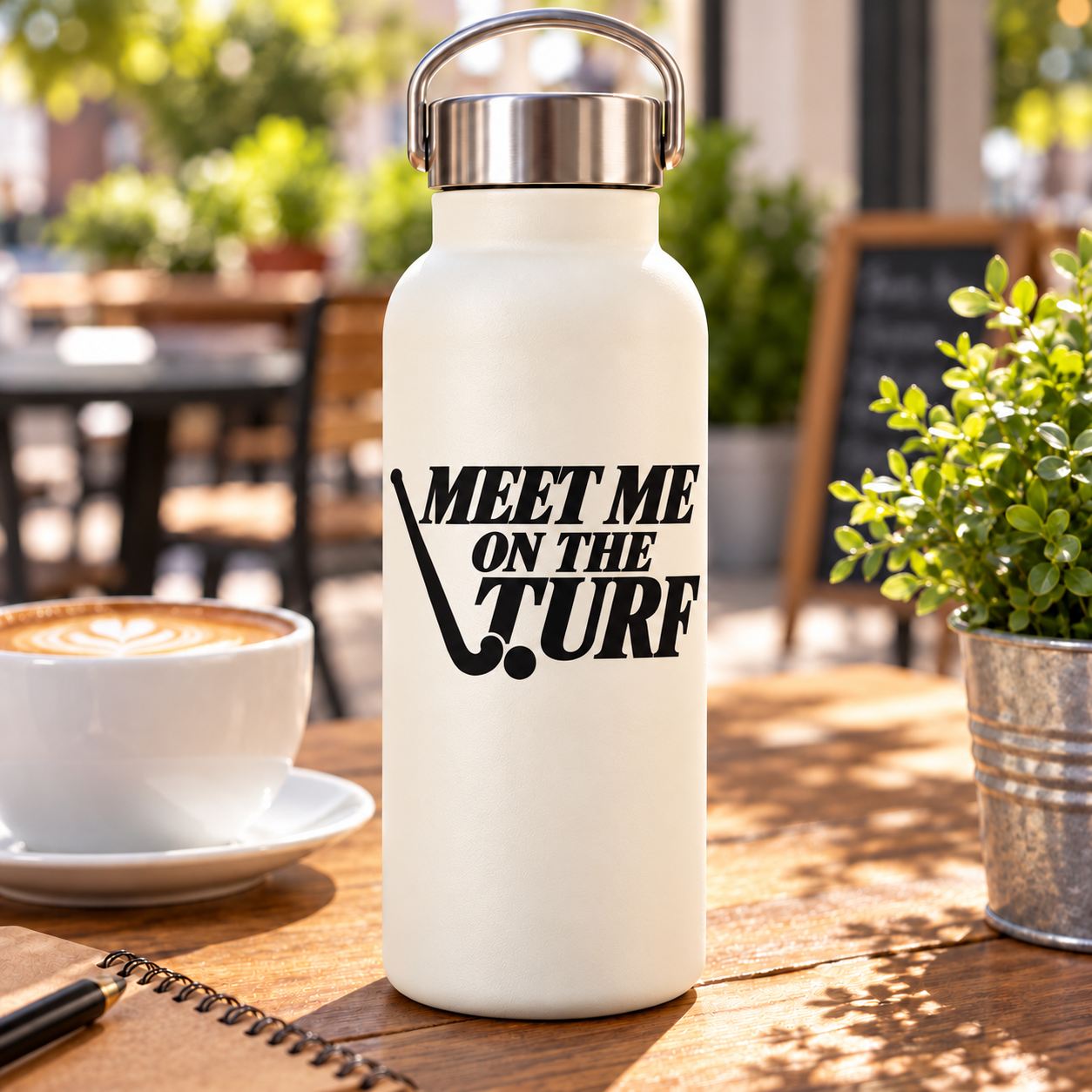 Vinyl decal "MEET ME ON THE TURF" on a white bottle