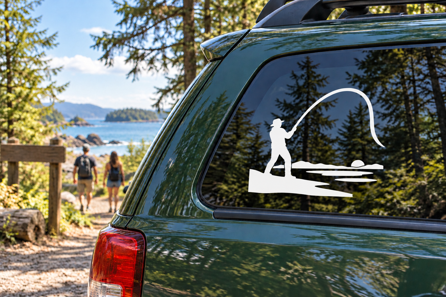 Fishing vinyl decal: fisherman casting over water, white silhouette on car window