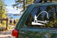 Fishing vinyl decal: fisherman casting over water, white silhouette on car window