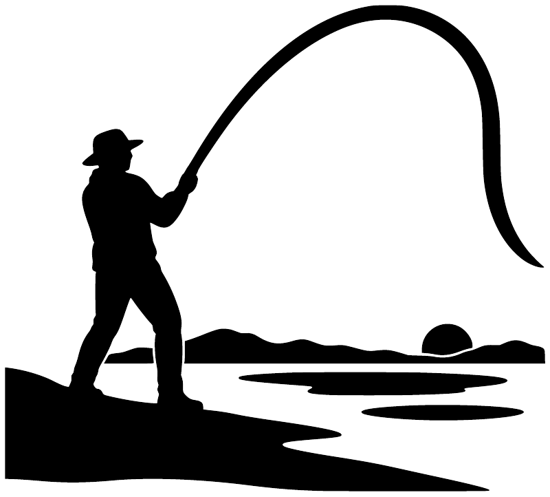 Fishing vinyl decal: black fisherman silhouette casting with water wake shape