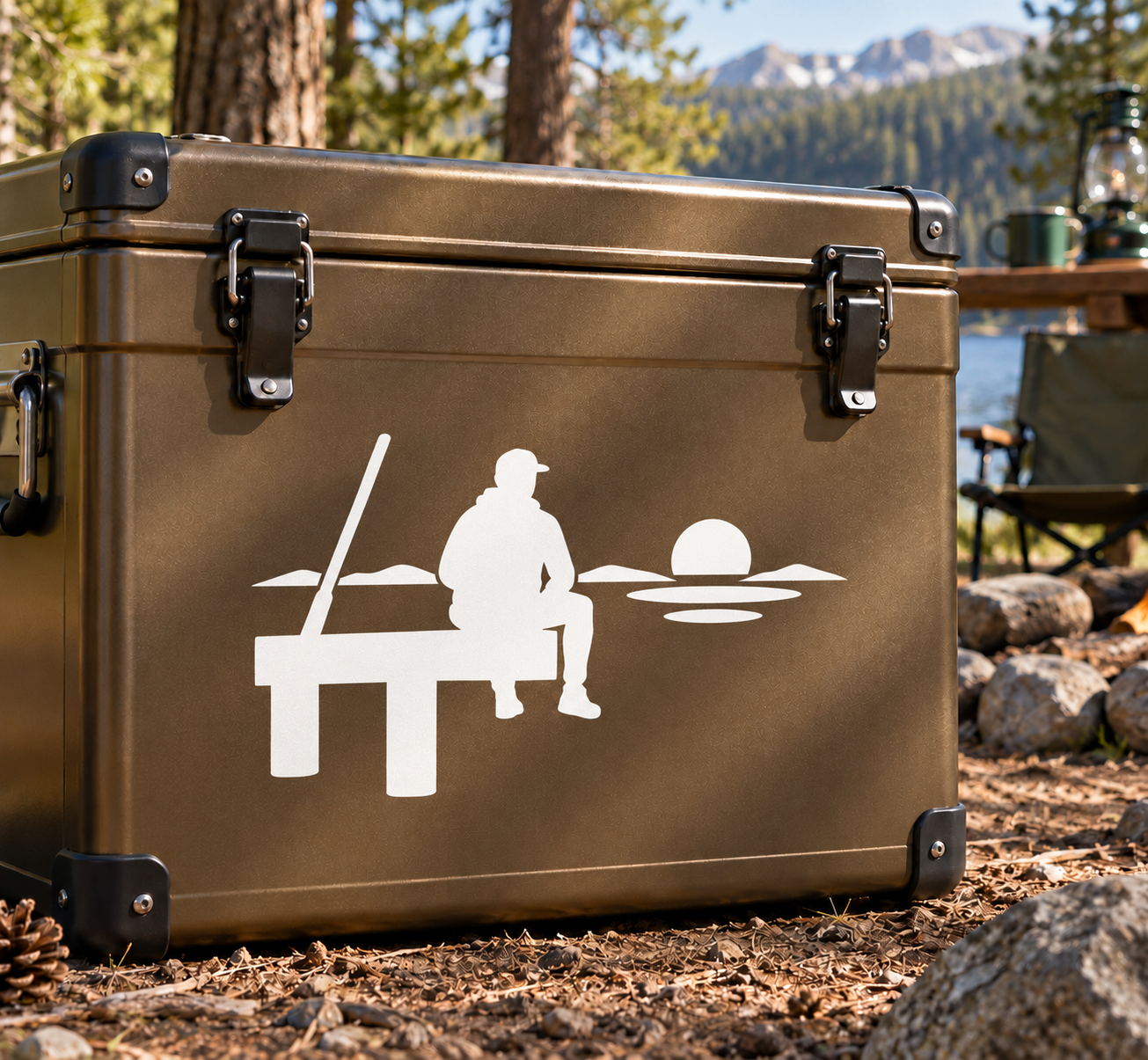 Fishing dock vinyl decal with fisherman silhouette, fishing rod, circular fish shapes
