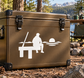 Fishing dock vinyl decal with fisherman silhouette, fishing rod, circular fish shapes