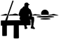 Fishing dock vinyl decal silhouette: fisherman on dock with fishing rod and fish circles