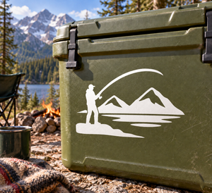 White fishing cast vinyl decal: fisherman, mountain peaks and water waves