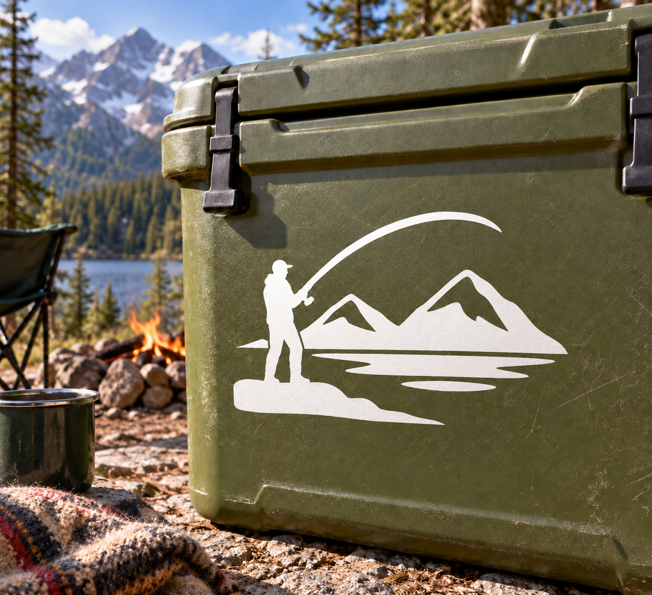 White fishing cast vinyl decal: fisherman, mountain peaks and water waves