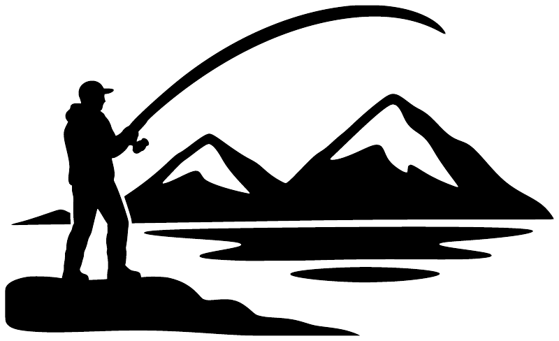 Black fishing cast vinyl decal silhouette with fisherman, mountains and lake water