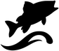 Black vinyl decal of a leaping fish with wave swirl, cutout on white background