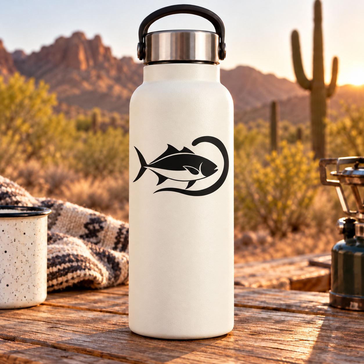 Vinyl fishing decal with a black stylized fish icon on a bottle