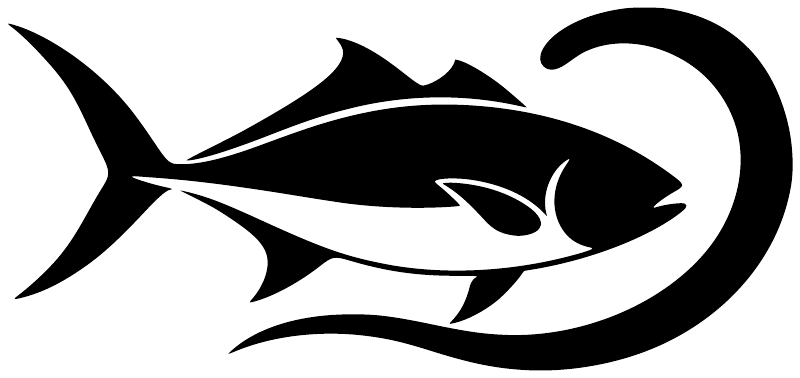 Vinyl fishing decal featuring a large black stylized fish graphic