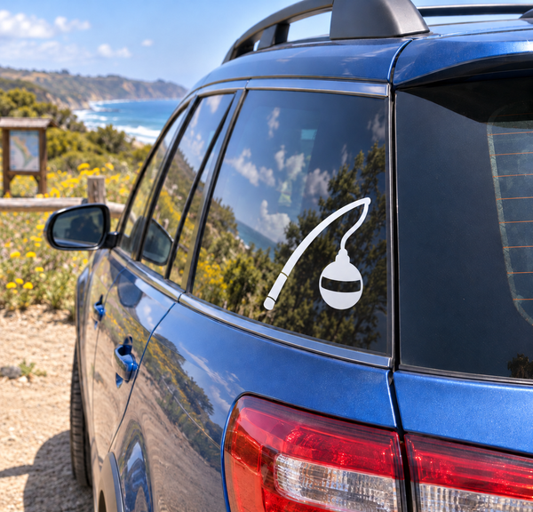 Fishing rod and bobber vinyl decal in white on a car rear window