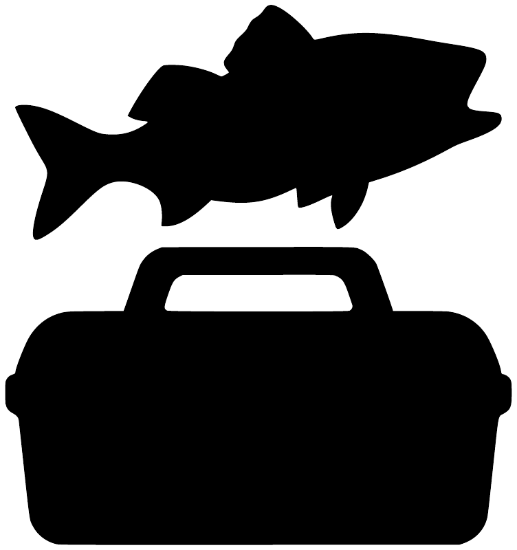 Black fish and tackle box vinyl decal, bold cutout silhouette