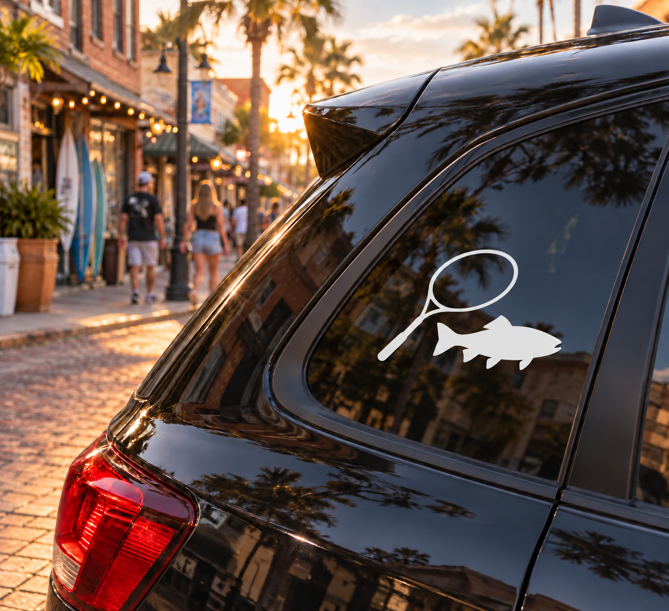 White fishing net and fish vinyl decal for car window or door
