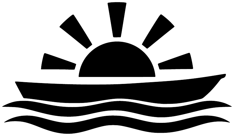 Black-and-white fishing boat horizon graphic decal with sun rays and wavy lines