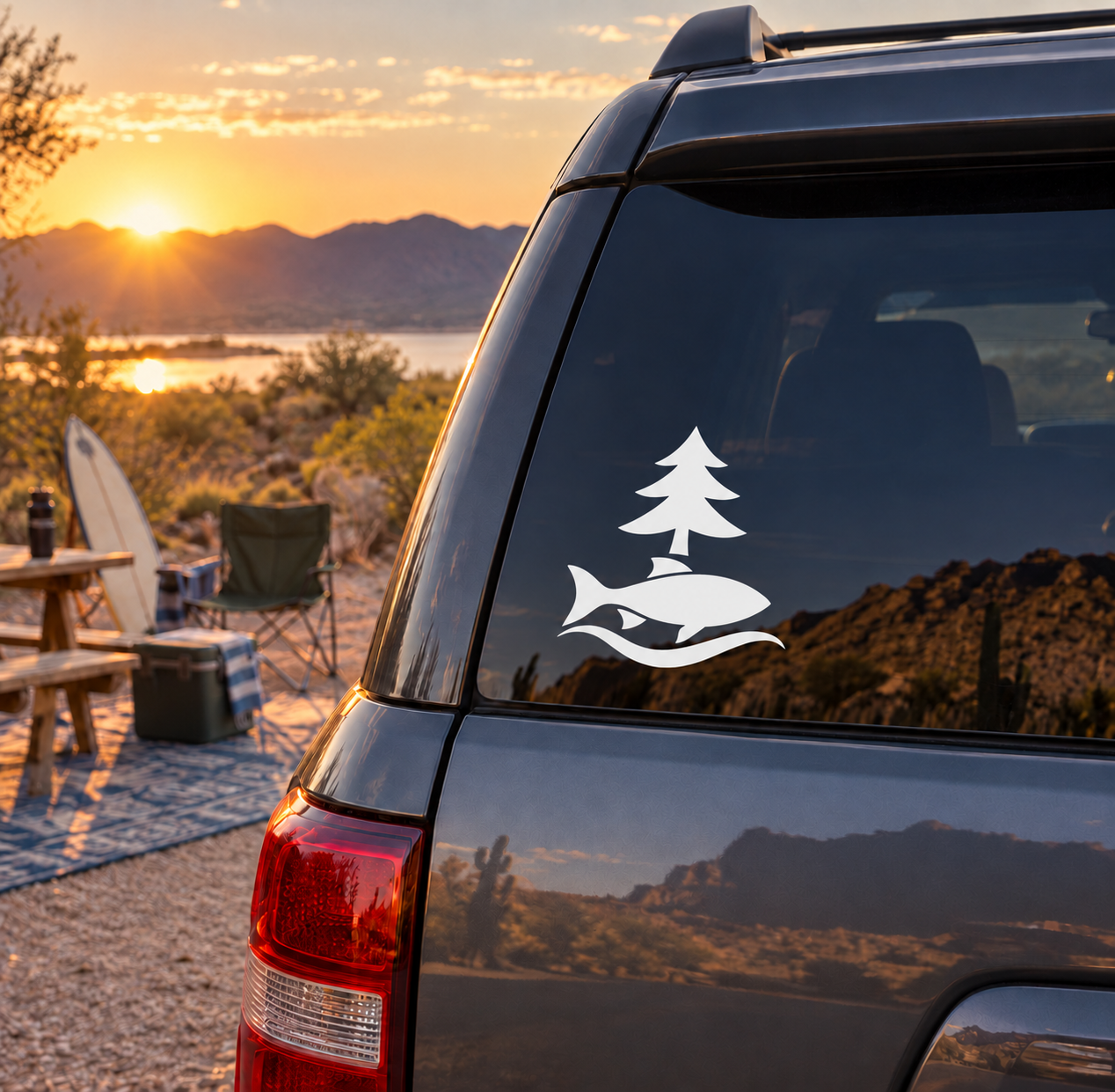 Fishing pine tree and fish vinyl decal on vehicle rear window
