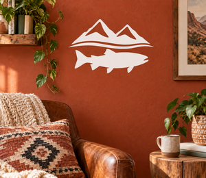White vinyl decal of alpine mountains, fish silhouette, and wavy water line