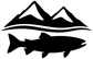 Black vinyl decal showing alpine mountains, fish silhouette, and wavy water line
