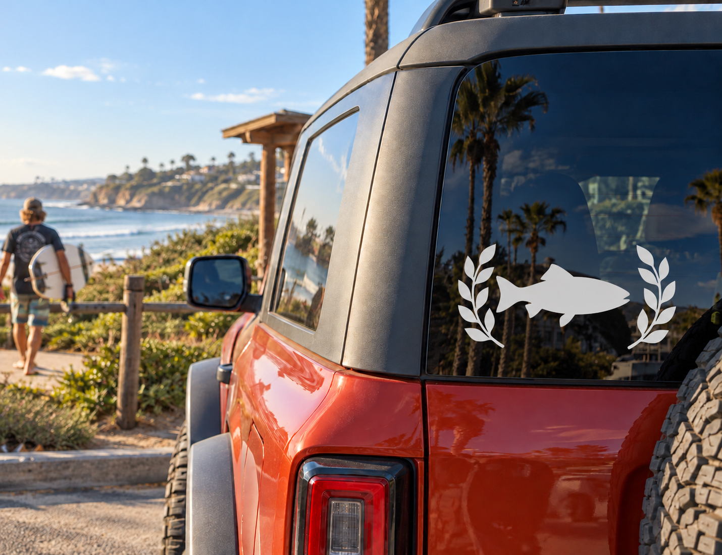 Vinyl fishing decal with black fish and laurel wreath for car window