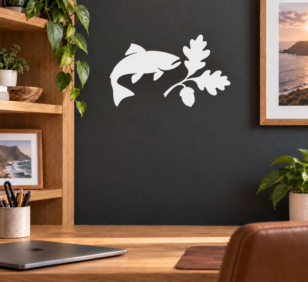 Fish and leaf vinyl decal, white silhouette with two oak leaf shapes