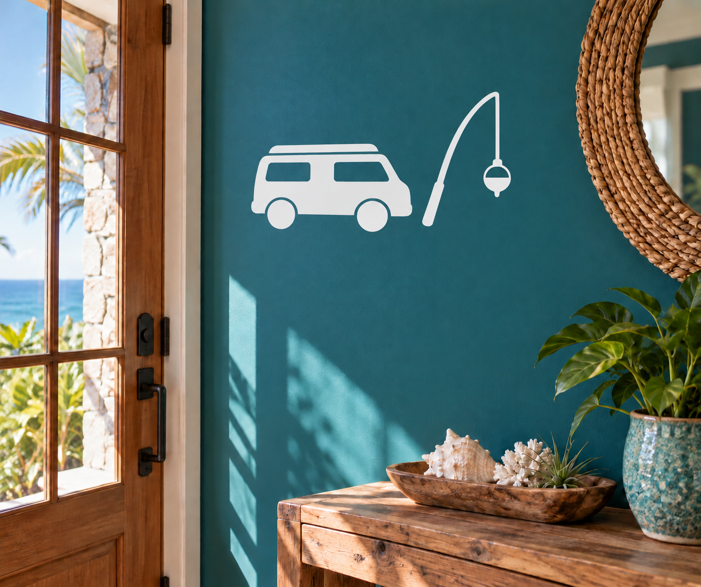 White vinyl decal of a camper van with a fishing rod and hook