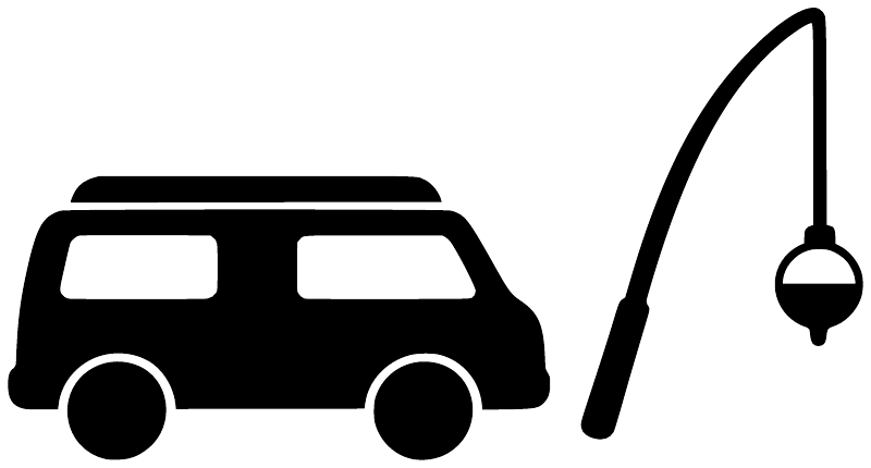 Black vinyl decal of camper van with fishing rod and dangling hook
