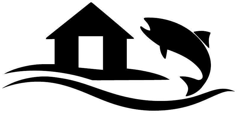 Vinyl decal with black cabin house and jumping fish graphic