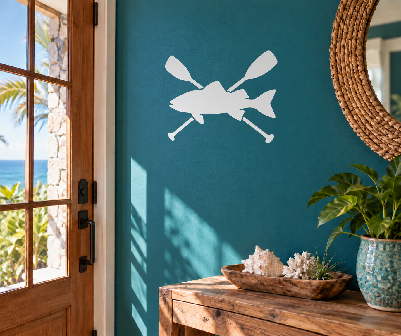 White vinyl decal of two crossed fishing paddles with fish silhouette